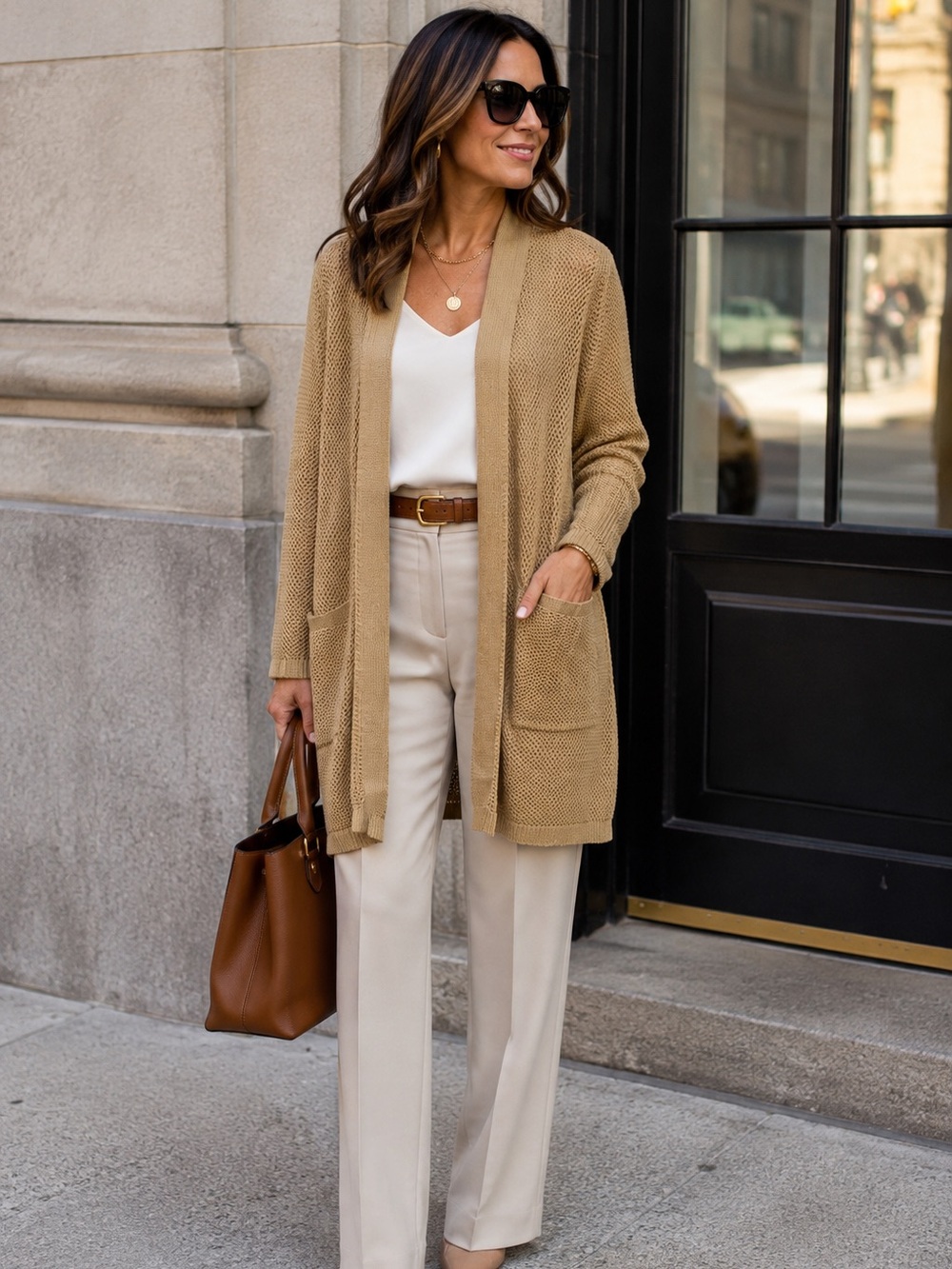 Belle by Kim Gravel Tan Gold Open-Front Knit Longline Cardigan Sweater 2X